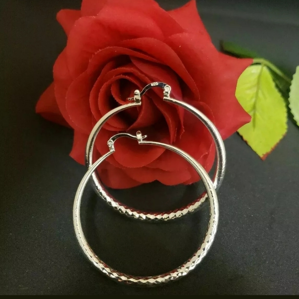 925 Sterling Silver Hoop Earrings Large Diamond